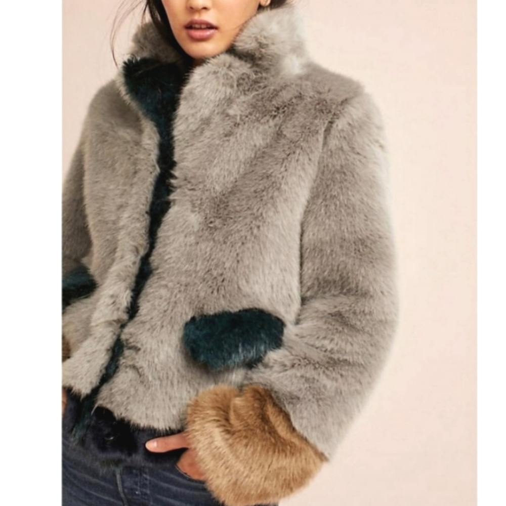 Anthropologie Plush Colorblock Fur Coat XS